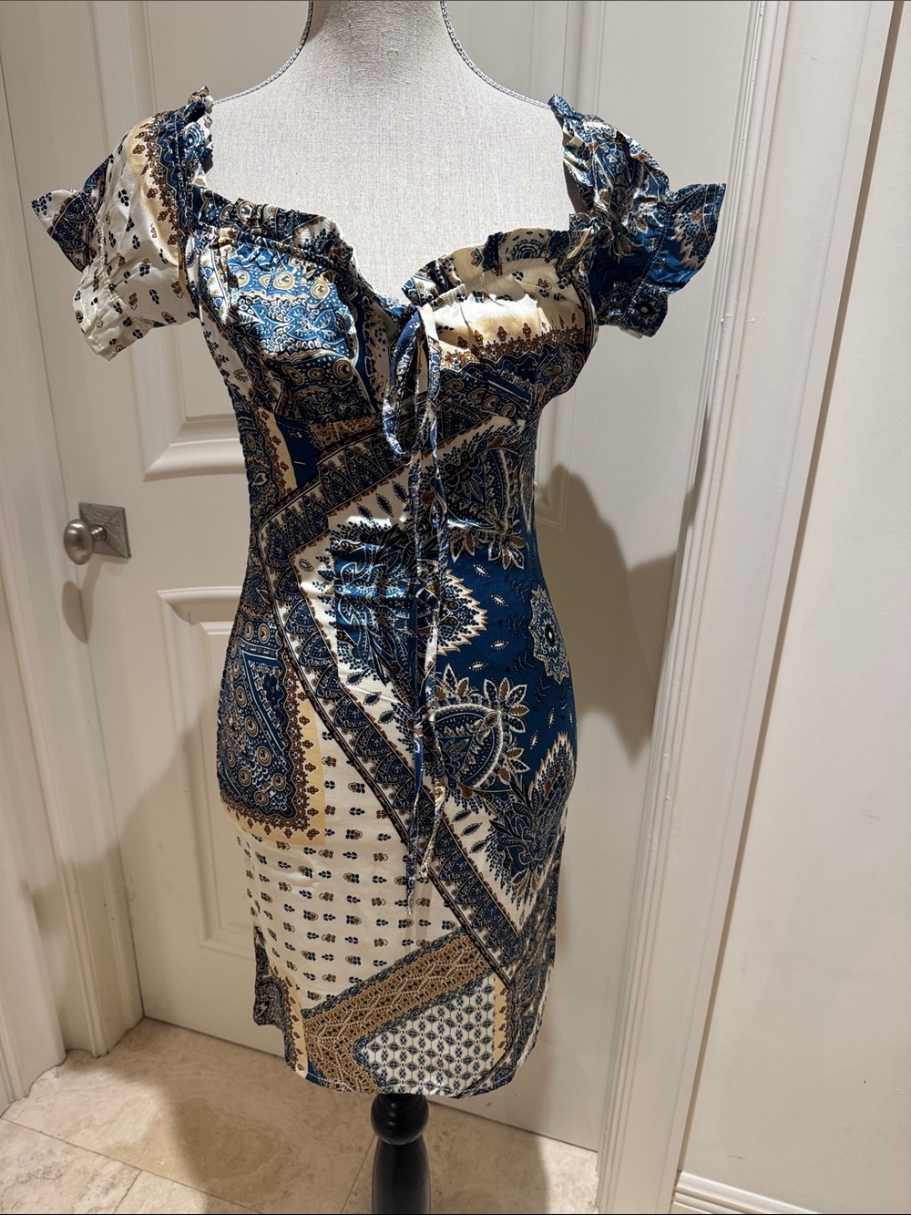 Paisley Off-Shoulder Mini Dress in Blue and Cream